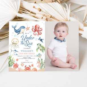 Blue Under The Sea Ocean Animal Photo Birthday Invitation