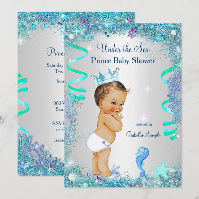 Blue Under The Sea Prince Baby Shower Brunette Boy Invitation (Front/Back)