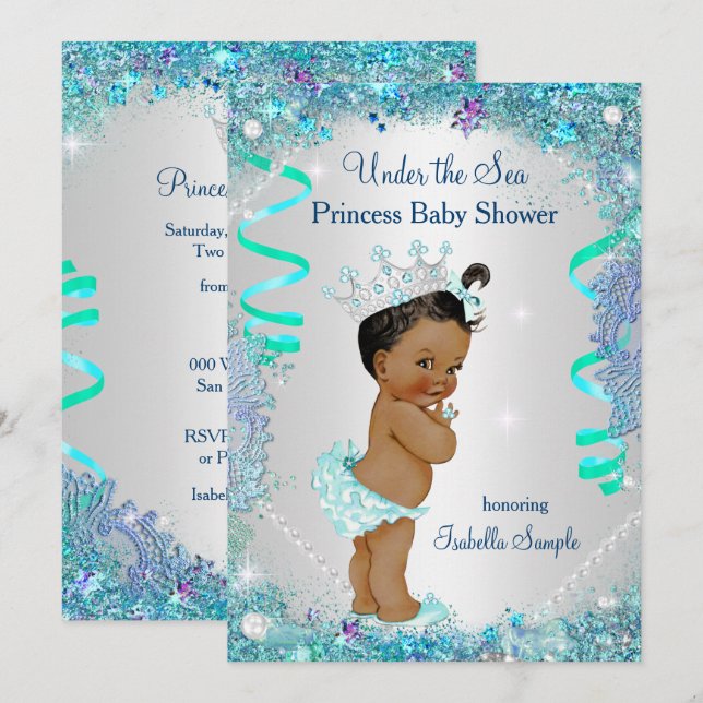 Blue Under The Sea Princess Baby Shower Ethnic Invitation (Front/Back)