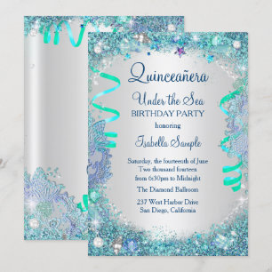 Blue Under The Sea Quinceanera 15th Birthday Party Invitation
