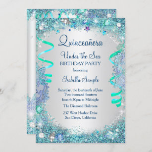 Blue Under The Sea Quinceanera 15th Birthday Party Invitation
