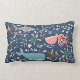 Blue Under the Sea Watercolor Ocean Animals Lumbar Cushion
