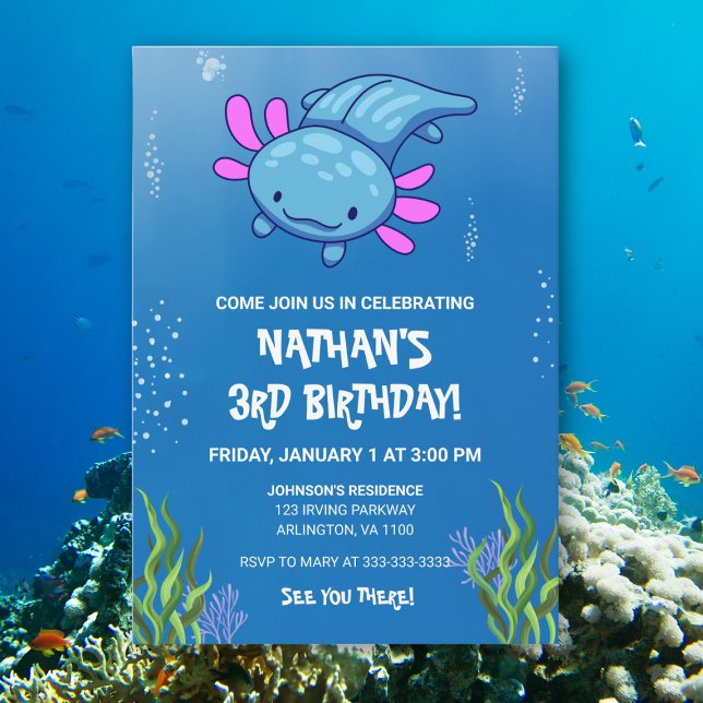 Blue Underwater Axolotl Kids Boys Fun Birthday Invitation (Creator Uploaded)
