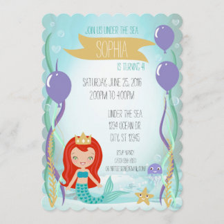 Blue Underwater Mermaid Princess Party Light Red Invitation