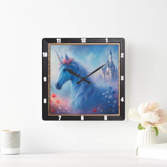 Blue Unicorn Castle Dream Square Wall Clock (Home)