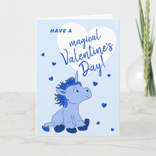 Blue Unicorn Heart Kids Classroom Valentine`s day Holiday Card