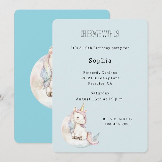 Blue Unicorn on Cloud Birthday Invitation (Front/Back)