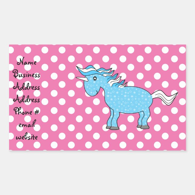 Blue unicorn on pink polkadots rectangular sticker (Front)