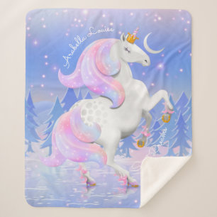 Blue Unicorn Princess on Frozen Lake Nursery Decor Sherpa Blanket
