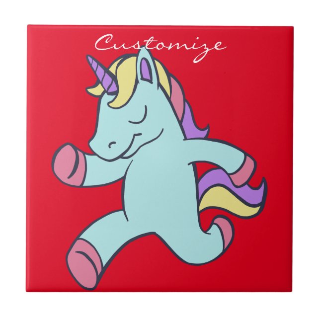 Blue Unicorn Running Thunder_Cove Ceramic Tile (Front)
