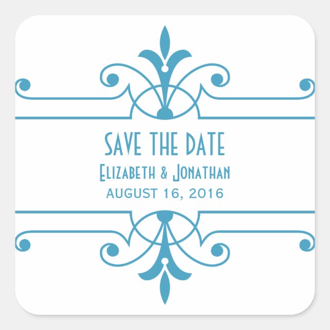 Blue v2 Fancy Ornamental Save the Date Stickers (Front)