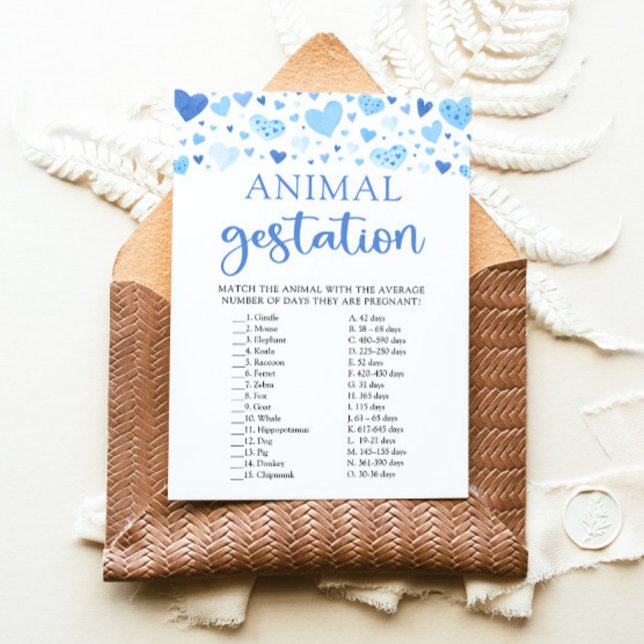 Blue Valentine Baby Shower Animal Gestation Game Invitation (Watercolor Cute Blue Hearts Valentine Sweetheart February Boy Animal Gestation Baby Baby Shower Game)