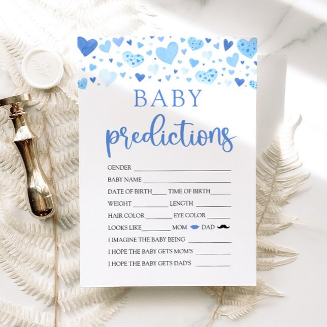 Blue Valentine Baby Shower Baby Prediction Game Invitation (Watercolor Cute Blue Hearts Valentine Sweetheart February Baby Boy Baby Prediction Baby Shower Game)