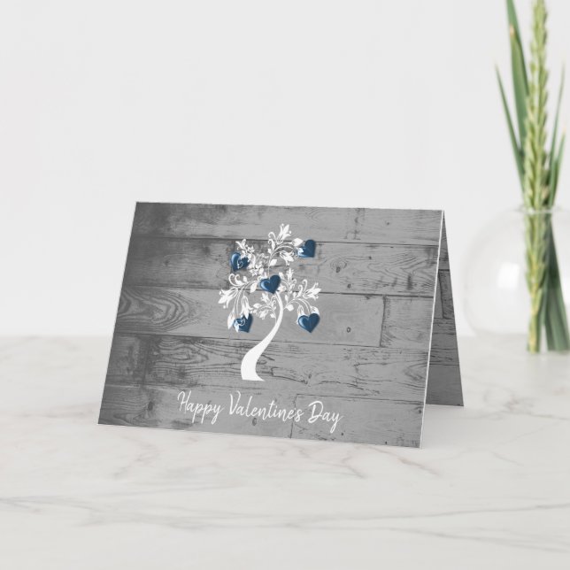 Blue Valentine Hearts Tree Greeting Card (Front)