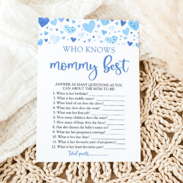 Blue Valentine Who Knows Mummy Best Baby Shower Invitation (Watercolor Cute Blue Hearts Valentine Sweetheart February Boy Who Knows Mommy Best Baby Shower Game)