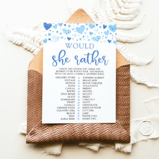 Blue Valentine Would She Rather Baby Shower Game Invitation (Watercolor Cute Blue Hearts Valentine Sweetheart February Boy Would She Rather Baby Shower Game)