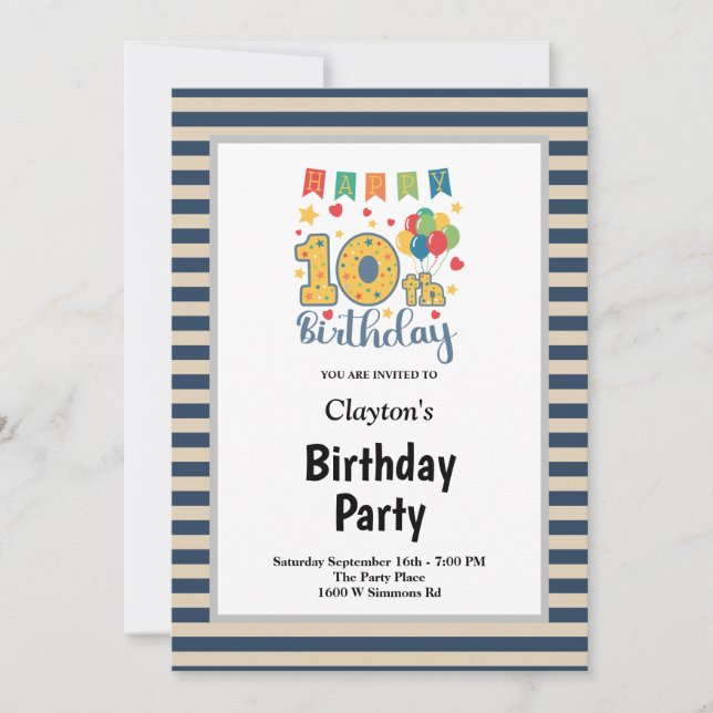 Blue/Vanilla Stripes Framed 10th Birthday Party Invitation (Front)