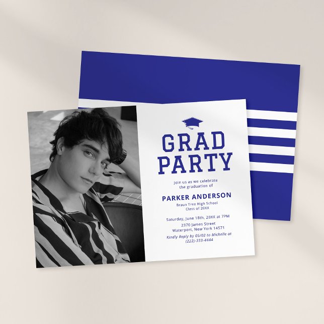Blue Varsity Photo Graduation Party Invitation (Creator Uploaded)
