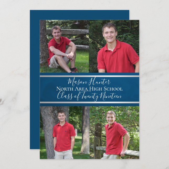 Blue Varsity Quad Photo Graduation Invitation (Front/Back)