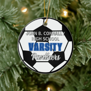 Blue Varsity Soccer Custom High School Christmas Ceramic Ornament