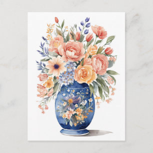 Blue Vase Flower Bouquet Watercolor Painting Postcard