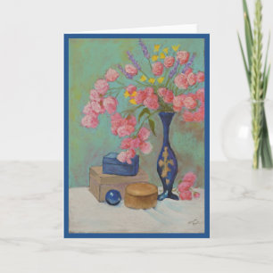 Blue Vase Pink Flowers Greeting Card