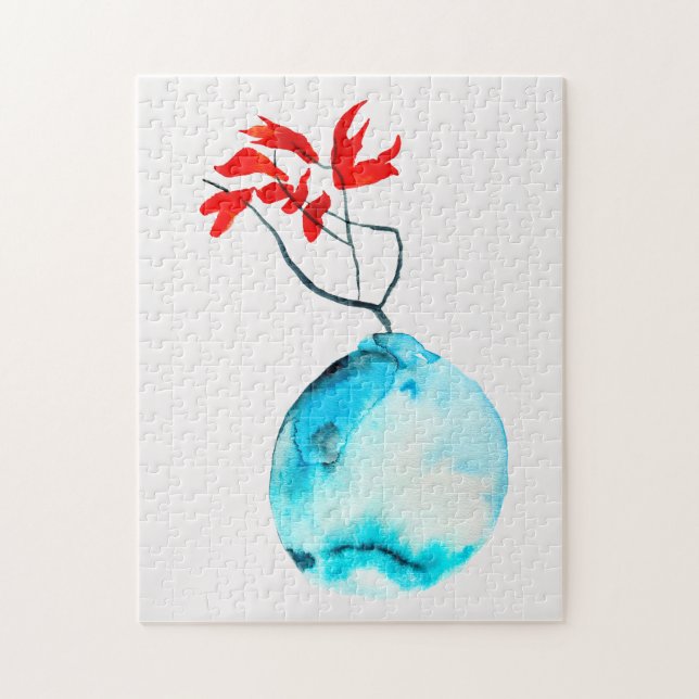 Blue vase watercolor ikebana jigsaw puzzle (Vertical)