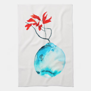 Blue vase watercolor ikebana tea towel