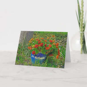 BLUE VASE WITH COLORFUL ZINNIAS/GET WELL/CUSTOMIZA CARD