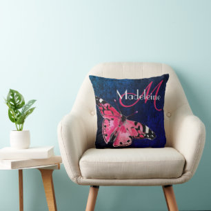  Blue Velvet Hot Pink Fantasy Butterfly Art Deco Cushion