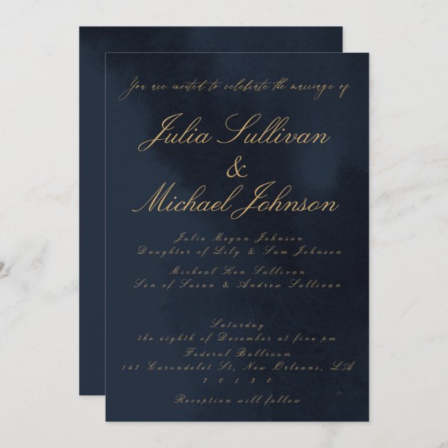 Blue Velvet Look Calligraphy Wedding Invitation (Front/Back)