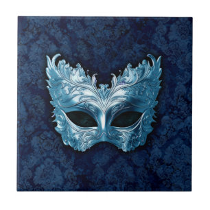 Blue Venetian Mask on Blue Damask Background Ceramic Tile