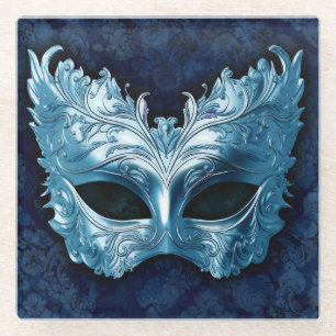 Blue Venetian Mask on Blue Damask Background Glass Coaster