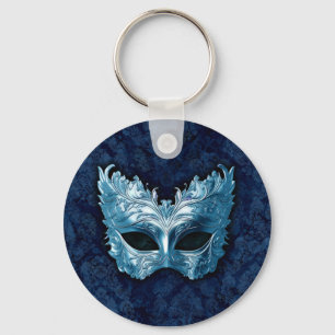 Blue Venetian Mask on Blue Damask Background Key Ring
