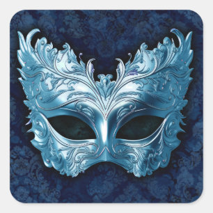 Blue Venetian Mask on Blue Damask Background Square Sticker