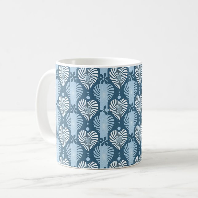 Blue vertical striped pattern with retro heart and coffee mug (Front Left)