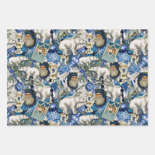 Blue Victorian Christmas Collage  Wrapping Paper Sheet (Front)