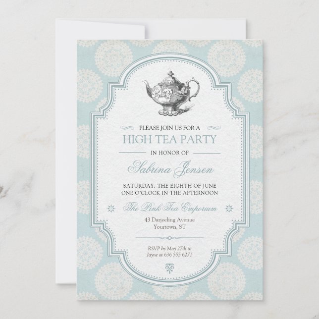 Blue Victorian High Tea Party Invitation (Front)