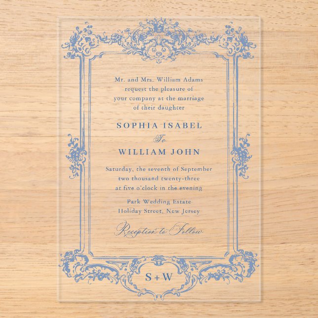 Blue Victorian Ornate Grace Floral Frame Wedding Acrylic Invitations (Front)