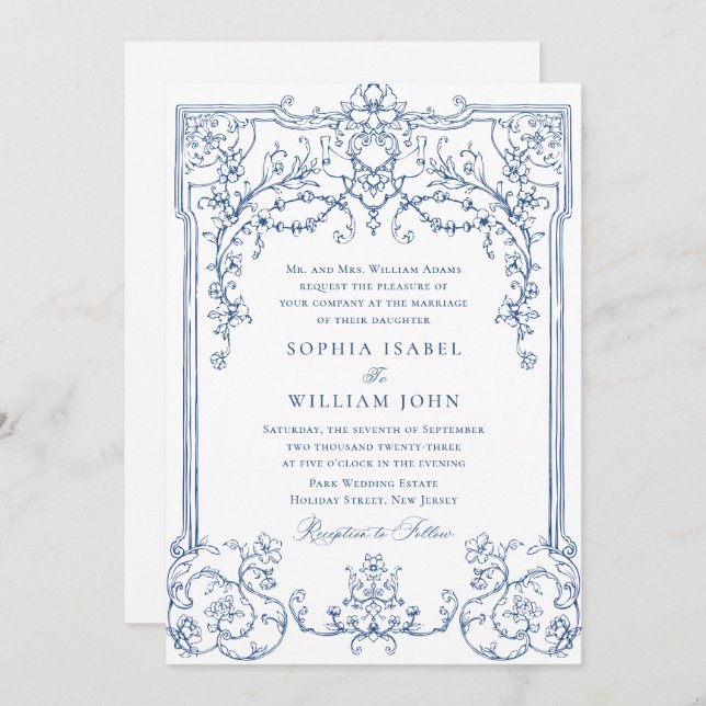 Blue Victorian Ornate Grace Floral Frame Wedding Invitation (Front/Back)