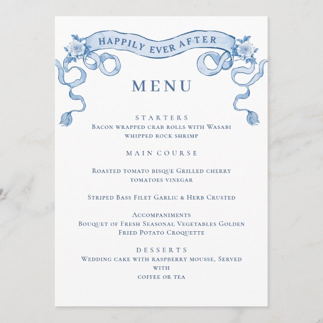 Blue Victorian Ornate Grace Floral Wedding Dinner Menu (Front)