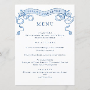 Blue Victorian Ornate Grace Floral Wedding Dinner Menu
