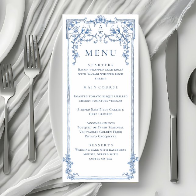 Blue Victorian Ornate Grace Floral Wedding Dinner Menu (Creator Uploaded)