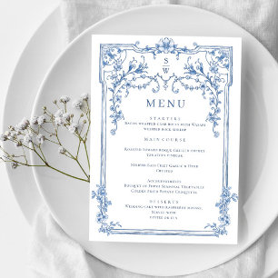 Blue Victorian Ornate Grace Floral Wedding Dinner Menu