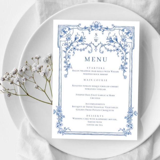 Blue Victorian Ornate Grace Floral Wedding Dinner Menu (Creator Uploaded)