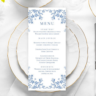 Blue Victorian Ornate Grace Floral Wedding Dinner Menu