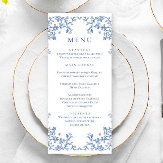 Blue Victorian Ornate Grace Floral Wedding Dinner Menu (Creator Uploaded)