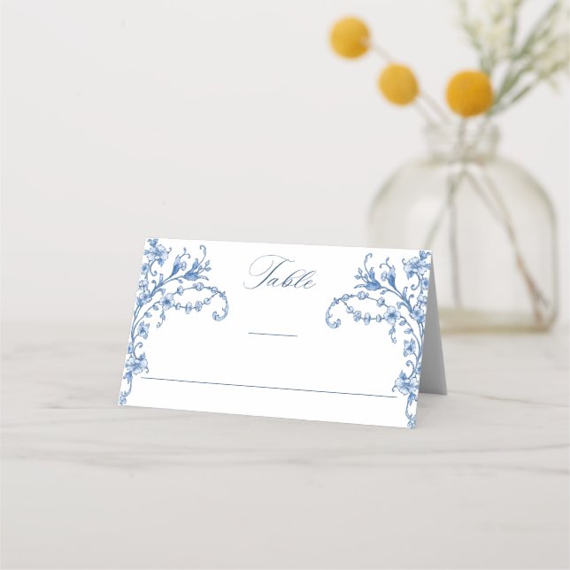 Blue Victorian Ornate Grace Floral Wedding Place Card (Front)