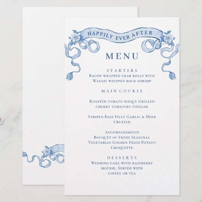 Blue Victorian Ornate Grace Wedding Dinner Menu (Front/Back)