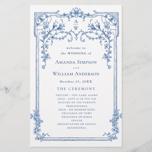 Blue Victorian Ornate Wedding Ceremony Program (Front)
